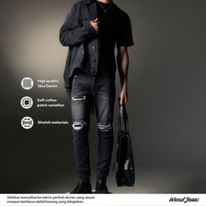 Weird Jeans - Deep grey - Celana Jeans Panjang Pria Slimfit Strech Ripped Sobek Tambal
