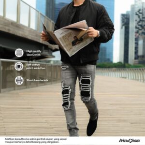 Weird Jeans - Destroyed Denim Disaster Grey - Celana Jeans Pria Slimfit Strech Ripped Sobek Tambal