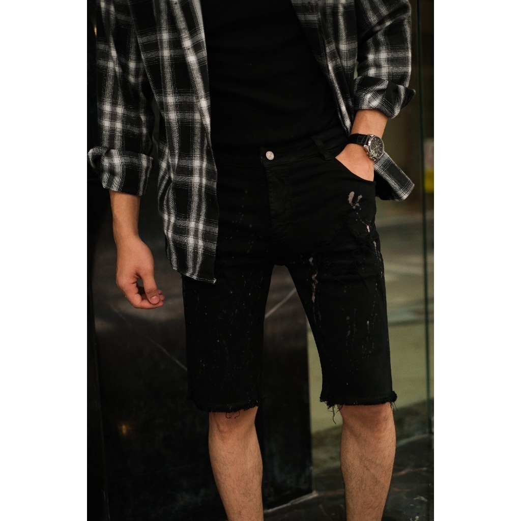 Weird Jeans - Splatter Black - Celana Pendek Jeans Pria Skinny Fit Strech Sobek Ripped - Image 2