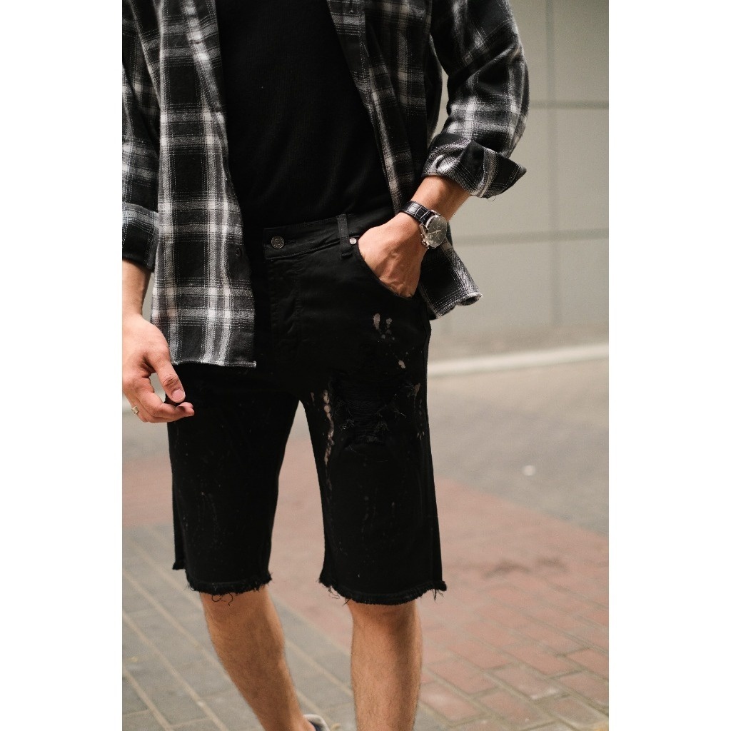 Weird Jeans - Splatter Black - Celana Pendek Jeans Pria Skinny Fit Strech Sobek Ripped - Image 3