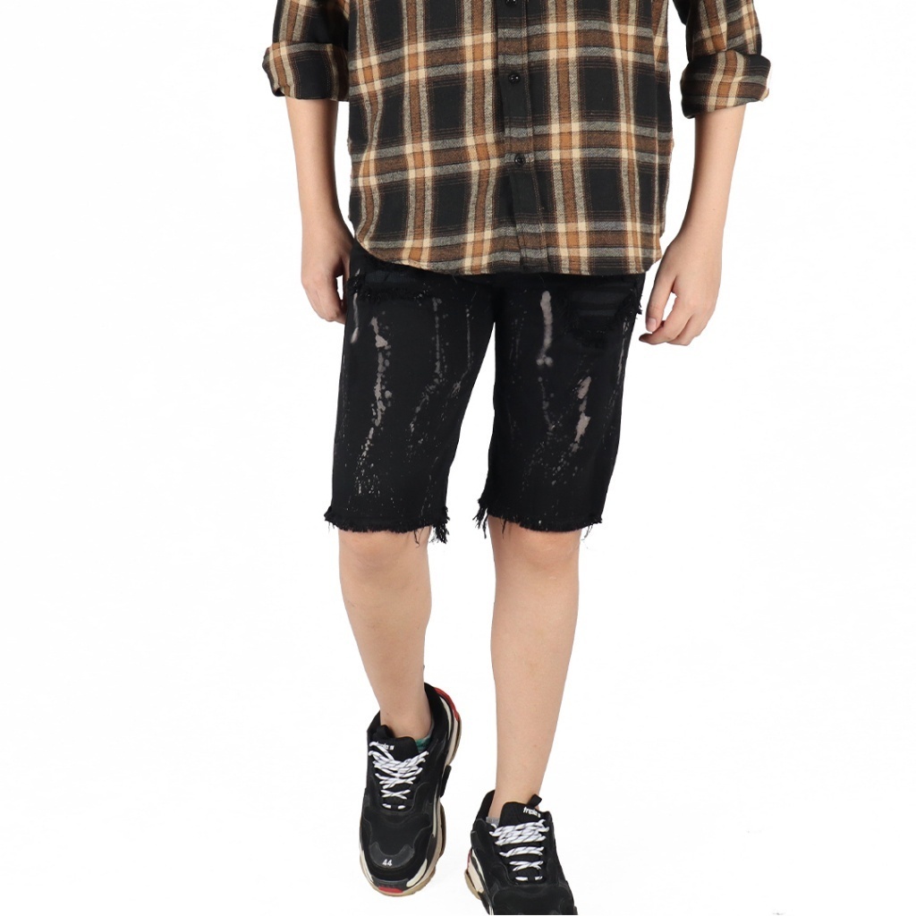 Weird Jeans - Splatter Black - Celana Pendek Jeans Pria Skinny Fit Strech Sobek Ripped - Image 5
