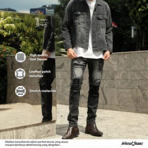 Weird Jeans - Denver Grey - Celana Jeans Panjang Pria  Slim Fit Strech Ripped Leather