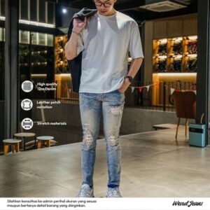 Weird Jeans - Tanned Blue - Celana Jeans Panjang Pria Slim Fit Strech Ripped Patch Kulit Leather Warna Biru