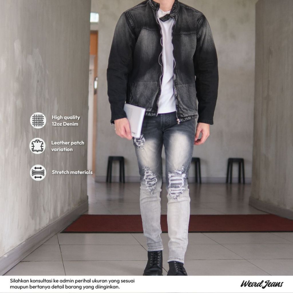 Weird Jeans - Steller Black - Celana Jeans Denim Pria Panjang Slim Fit Strech Ripped Sobek Leather Kulit