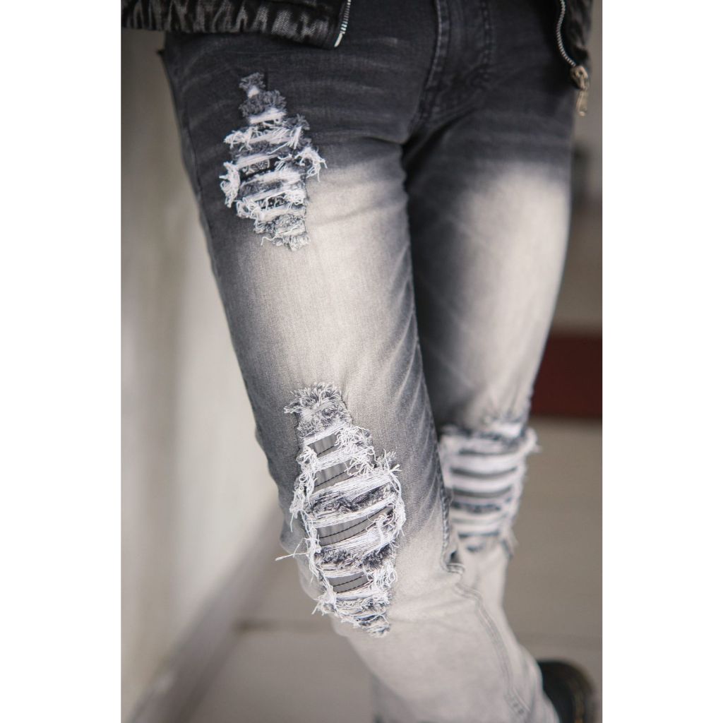 Weird Jeans - Steller Black - Celana Jeans Denim Pria Panjang Slim Fit Strech Ripped Sobek Leather Kulit - Image 3