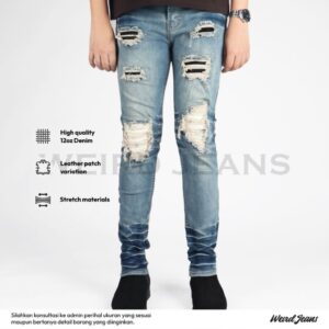 Weird Jeans - Henley Blue - Celana Jeans Panjang Pria Slimfit Ripped Sobek Tambal Nyaman Patch Leather