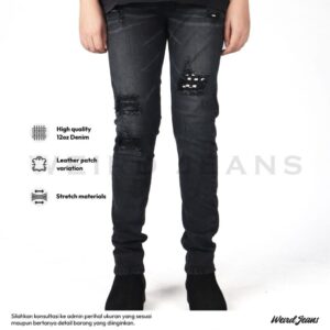Weird Jeans - Hugo Black - Celana Jeans Panjang Denim Pria Slim Fit Warna Hitam Ripped Tambal Leather
