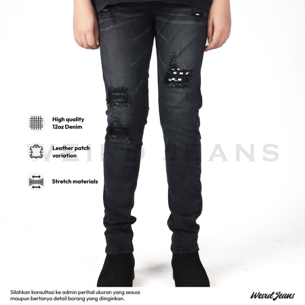 Weird Jeans - Hugo Black - Celana Jeans Panjang Denim Pria Slim Fit Warna Hitam Ripped Tambal Leather