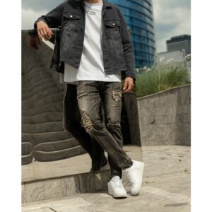 Weird Jeans - Dalton Grey - Celana Jeans Panjang Pria Skinny Fit Strech Ripped Sobek Tambalan Leather Kulit Nyaman