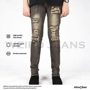 Weird Jeans - Earth Grey - Celana Jeans Panjang Pria Slim Fit Strech Ripped Leather Kain