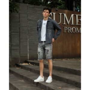 Weird Jeans - Summer Grey - Celana Jeans Pendek Pria Strech Ripped Sobek Tambalan Leather Kulit