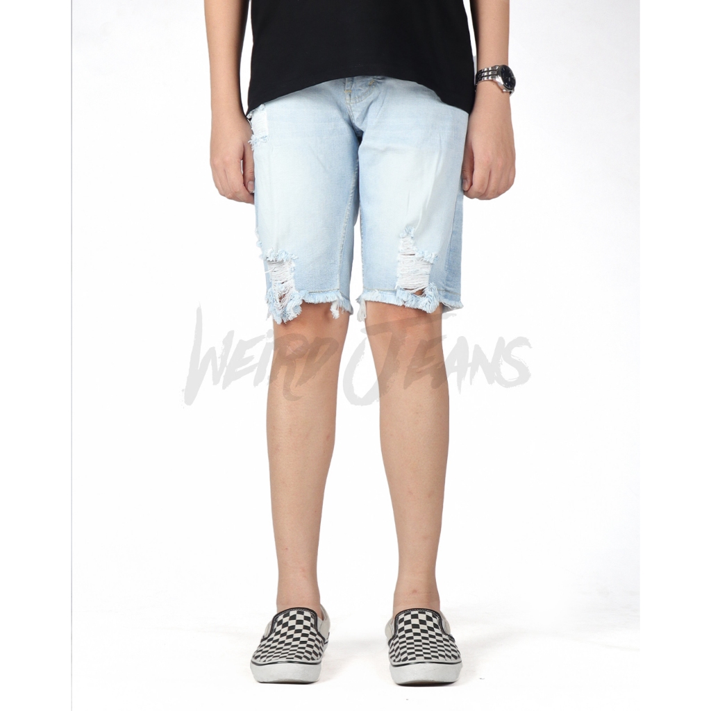 Weird Jeans - SH Polar Blue - Celana Jeans Pendek Pria Slim Fit Skinny Strech Ripped Biru Terang Nyaman - Image 7