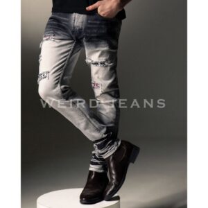 Weird Jeans - Stripe Grey - Celana Jeans Panjang Pria Slim Fit Strech Ripped Tambal Patch Keren Nyaman