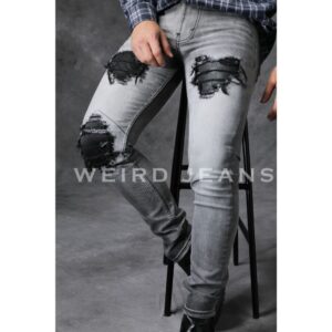 Weird Jeans - Fossil Grey - Celana Jeans Denim Panjang Pria Strech Slim Fit Ripped Sobek Patch Leather