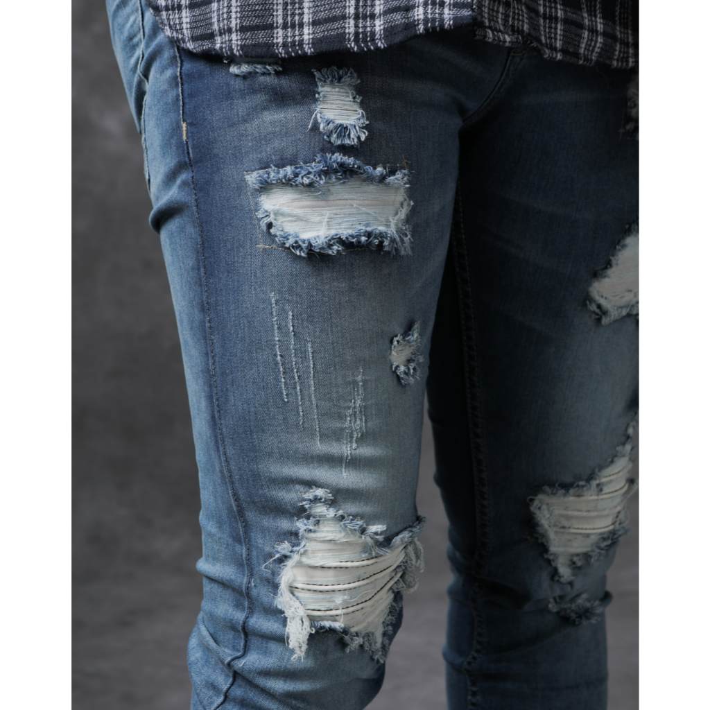 Weird Jeans - SkyLark - Celana Jeans Panjang Pria Strech Slim Fit Ripped Sobek Patch Leather