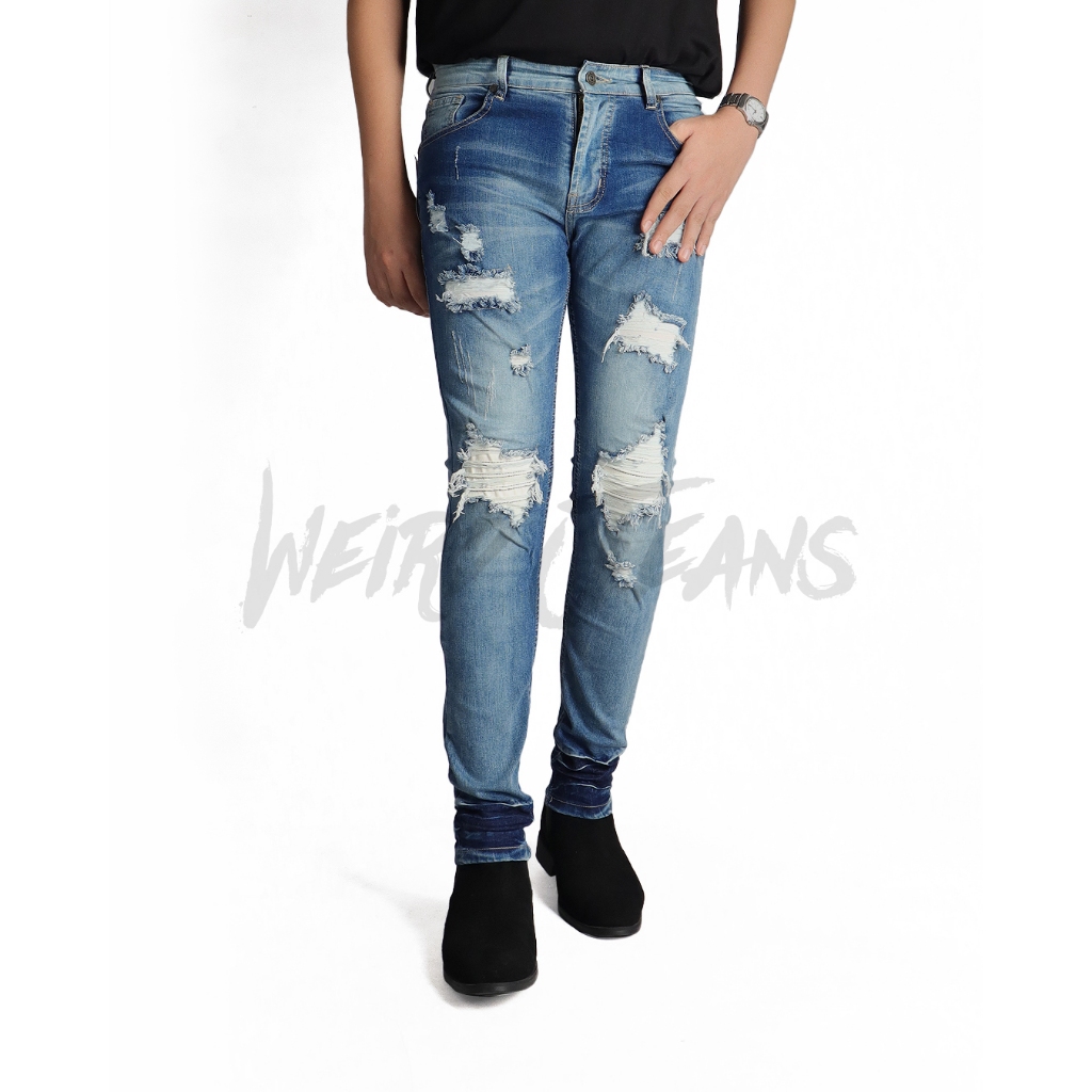 Weird Jeans - SkyLark - Celana Jeans Panjang Pria Strech Slim Fit Ripped Sobek Patch Leather - Image 6
