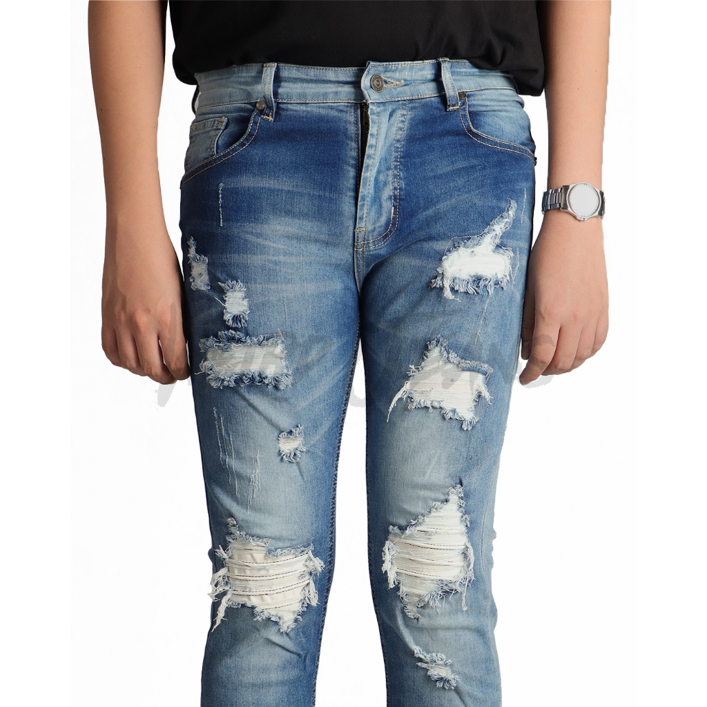 Weird Jeans - SkyLark - Celana Jeans Panjang Pria Strech Slim Fit Ripped Sobek Patch Leather - Image 7