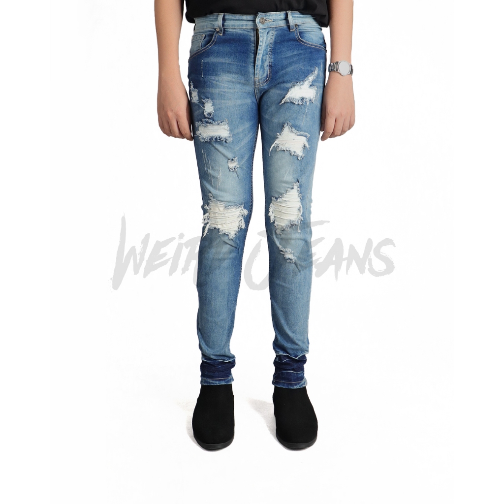 Weird Jeans - SkyLark - Celana Jeans Panjang Pria Strech Slim Fit Ripped Sobek Patch Leather - Image 8
