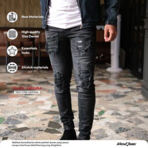 Weird Jeans - Derick Black - Celana Jeans Panjang Pria Slim Fit Strech Patch Leather Croco Nyaman