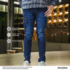 Weird Jeans - Cargo Bruce Deep Blue - Celana Jeans Cargo Panjang Pria Slim Fit Strech Polos Tanpa Sobek