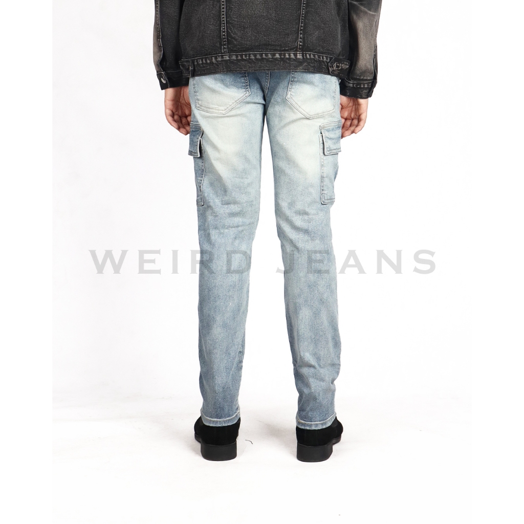 Weird Jeans - Cargo Aldric Blue - Celana Jeans Panjang Pria Cargo Slim Fit Strech Warna Biru Terang - Image 5