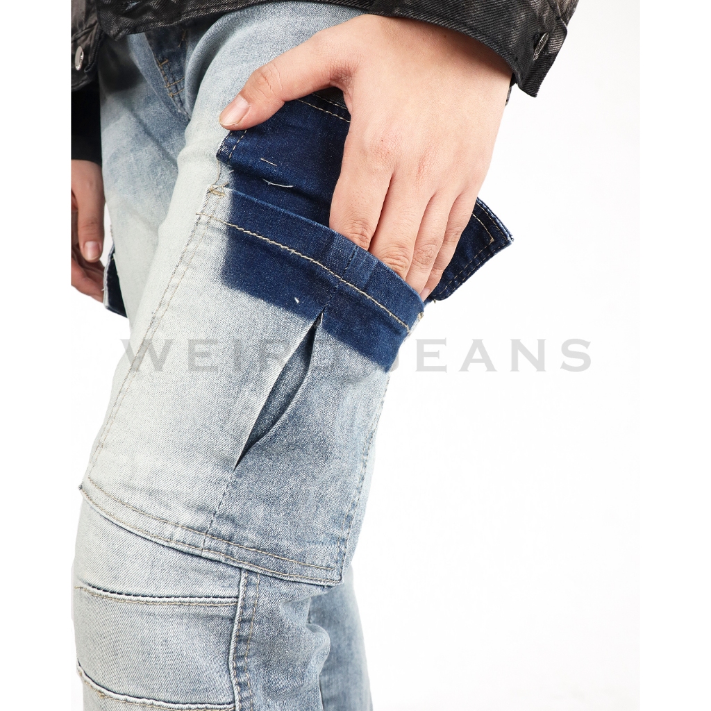 Weird Jeans - Cargo Aldric Blue - Celana Jeans Panjang Pria Cargo Slim Fit Strech Warna Biru Terang - Image 6