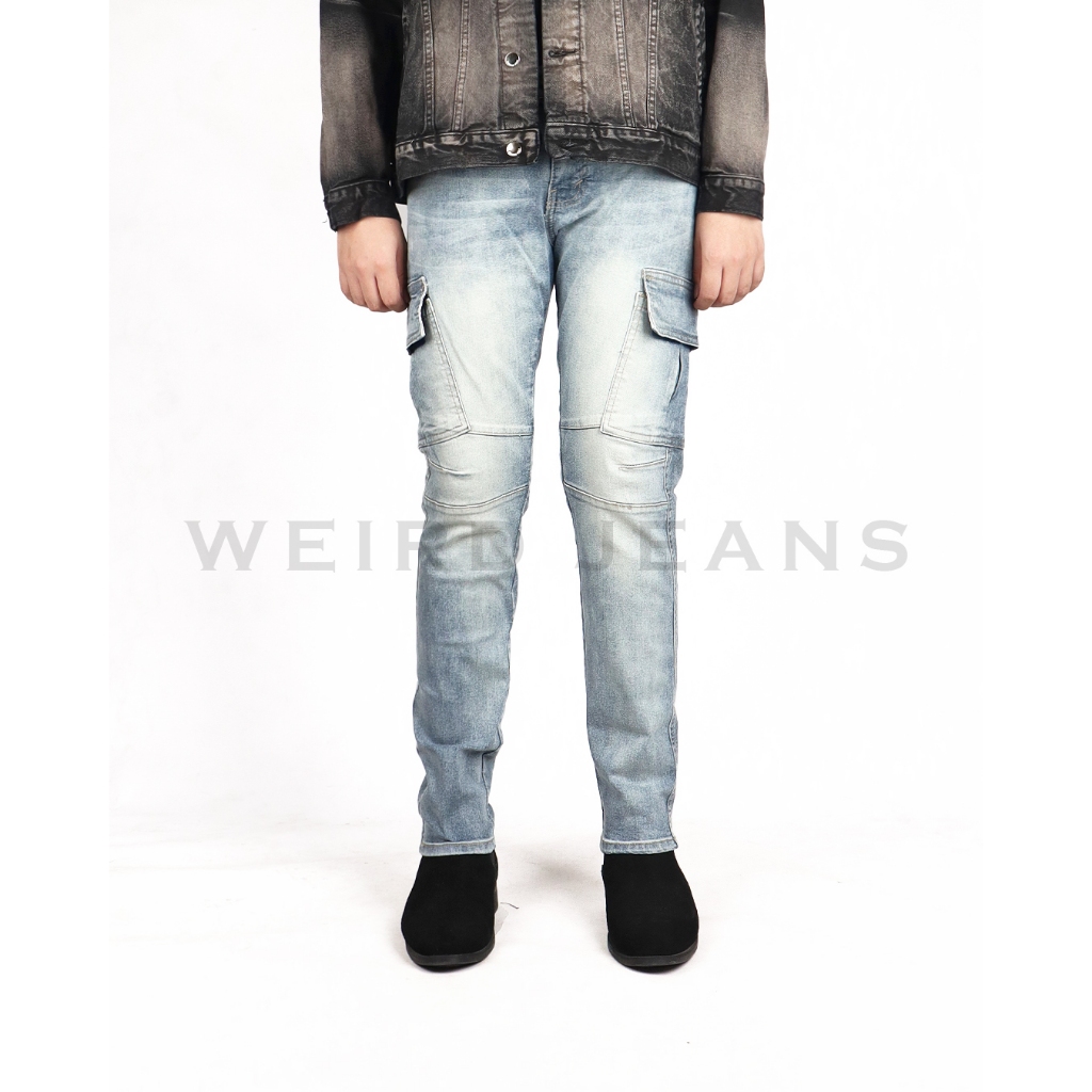 Weird Jeans - Cargo Aldric Blue - Celana Jeans Panjang Pria Cargo Slim Fit Strech Warna Biru Terang - Image 7