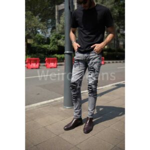 Weird Jeans - Grey Mahatan - Celana Jeans Panjang Pria Skinny Fit Strech Abu-Abu Ripped Patch Leather Nyaman Strech