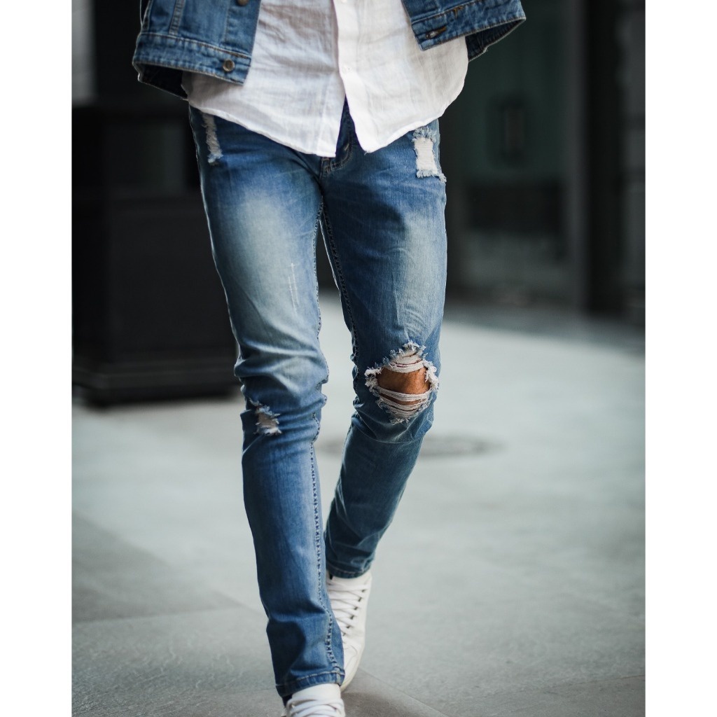 Weird Jeans - Blue modry A08 - Celana Jeans Panjang Pria Slimfit Ripped Jeans