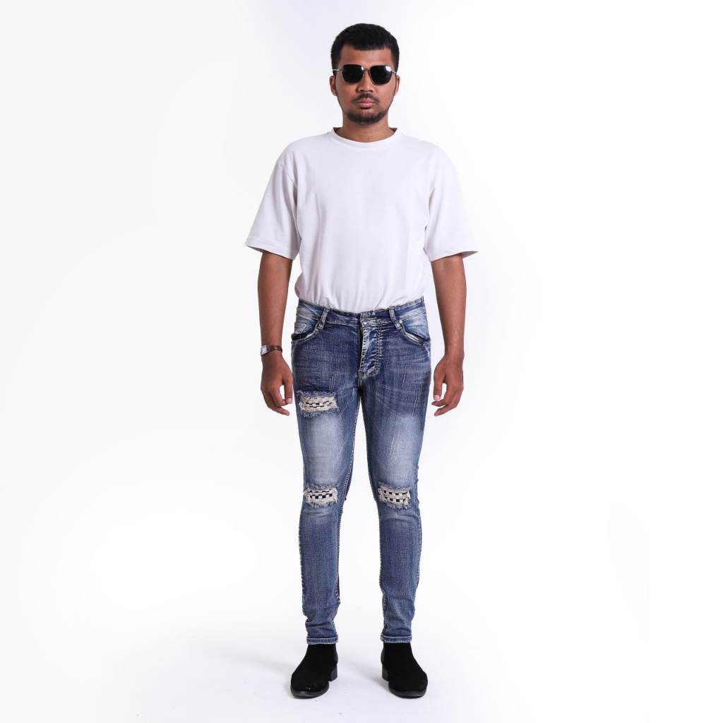 Weird Jeans - Blue Chess - Celana Jeans Panjang Pria Slimfit Ripped Jeans - Image 5