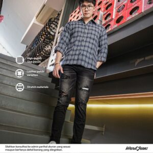 Weird Jeans - Piers Black - Celana Jeans Panjang Pria Slim Fit Strech Ripped Leather Patch Warna Hitam Black
