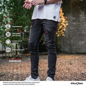 Weird Jeans - Cortez Black - Celana Jeans Panjang Pria SlimFit Stretch Ripped Sobek Patch Warna Hitam Nyaman