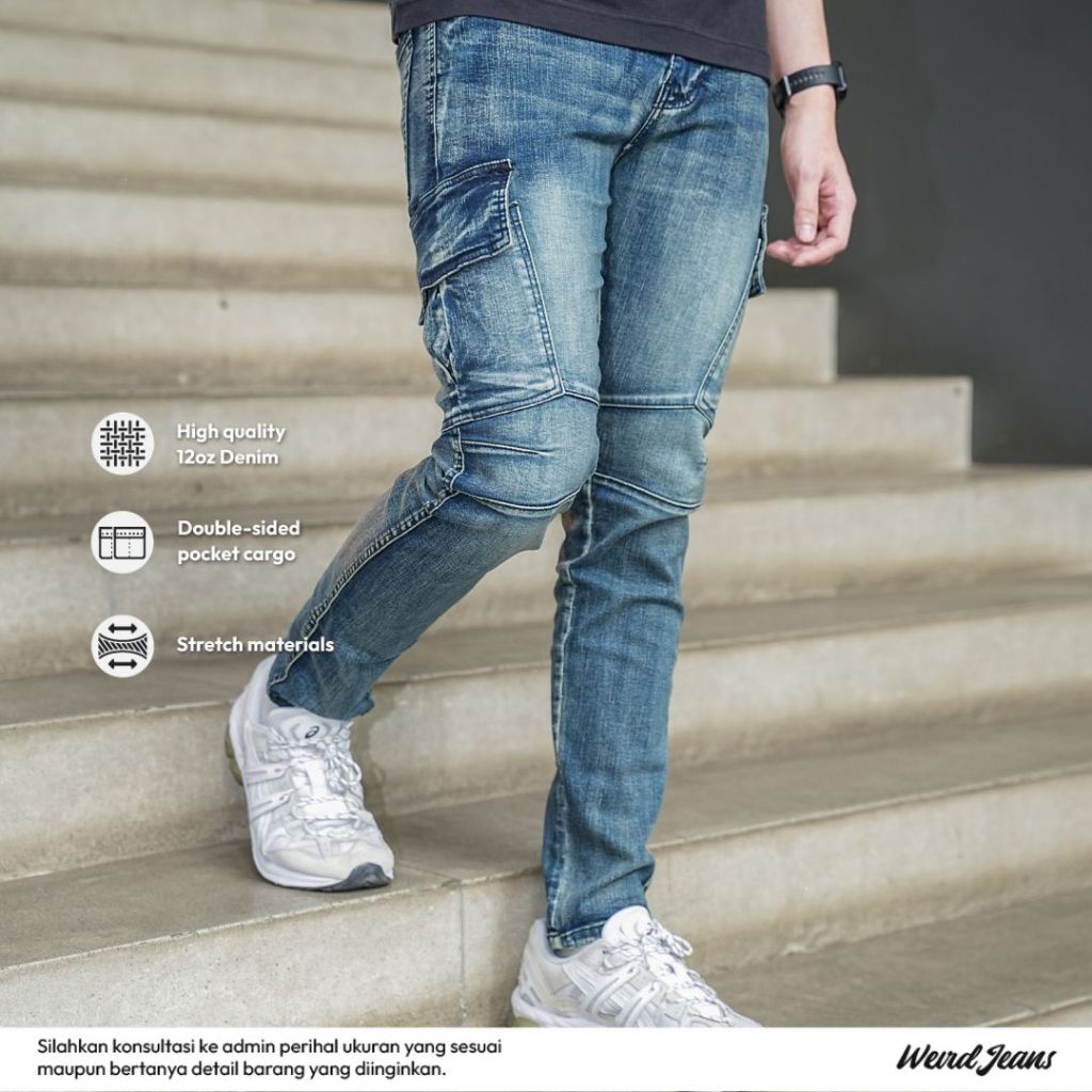 Weird Jeans - Cargo Rudolf Blue - Celana Jeans Cargo Panjang Pria Slim Fit Strech Warna Polos