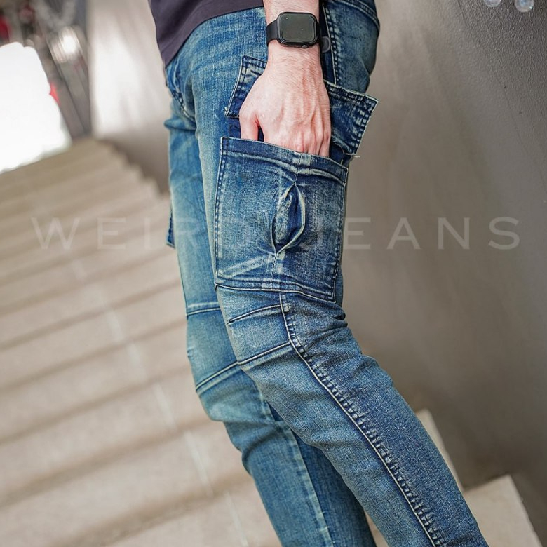Weird Jeans - Cargo Rudolf Blue - Celana Jeans Cargo Panjang Pria Slim Fit Strech Warna Polos - Image 4