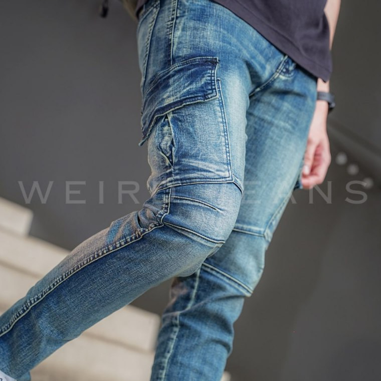 Weird Jeans - Cargo Rudolf Blue - Celana Jeans Cargo Panjang Pria Slim Fit Strech Warna Polos - Image 5