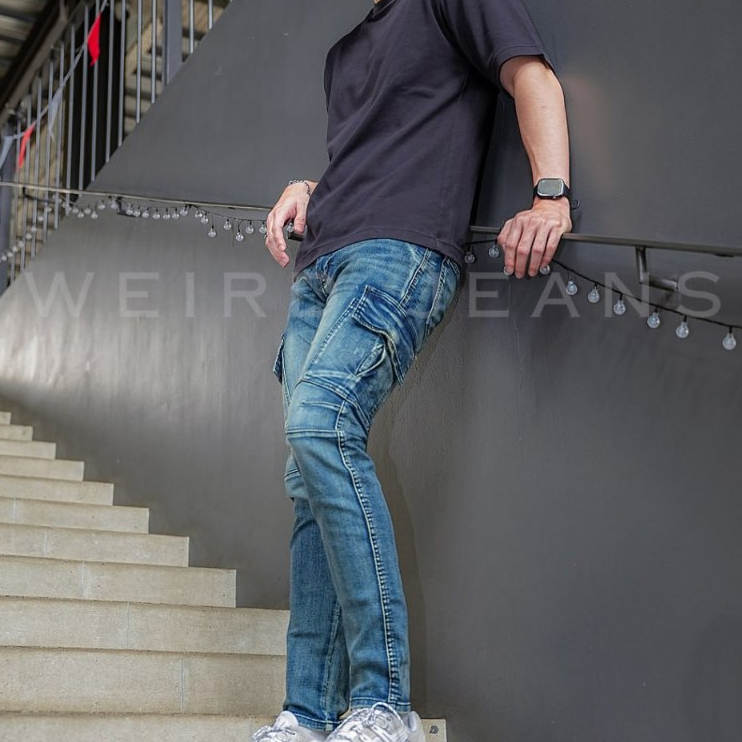 Weird Jeans - Cargo Rudolf Blue - Celana Jeans Cargo Panjang Pria Slim Fit Strech Warna Polos - Image 6