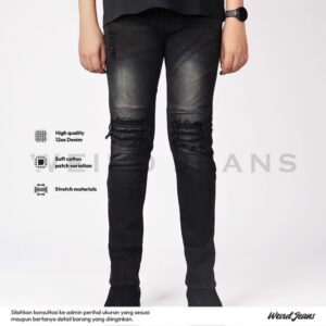 Weird Jeans - Daren Black - Celana Jeans Panjang Pria Slim Fit Strech Ripped Leather Patch Warna Hitam Black