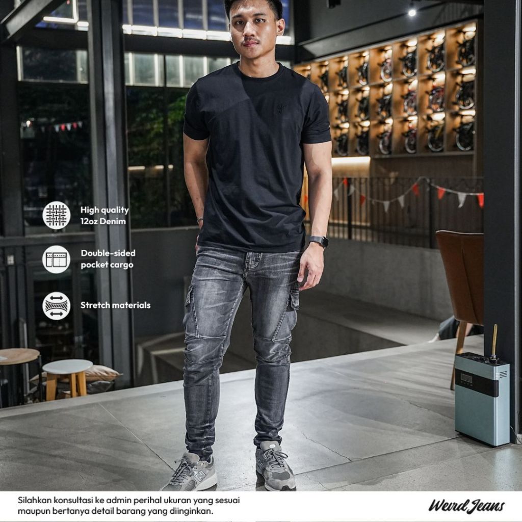 Weird Jeans - Cargo Evander Grey - Celana Jeans Cargo Panjang Pria Slim Fit Strech Warna Abu-Abu Polos