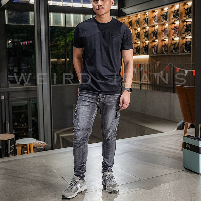 Weird Jeans - Cargo Evander Grey - Celana Jeans Cargo Panjang Pria Slim Fit Strech Warna Abu-Abu Polos - Image 2