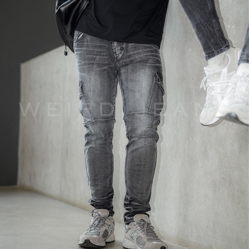Weird Jeans - Cargo Evander Grey - Celana Jeans Cargo Panjang Pria Slim Fit Strech Warna Abu-Abu Polos - Image 3