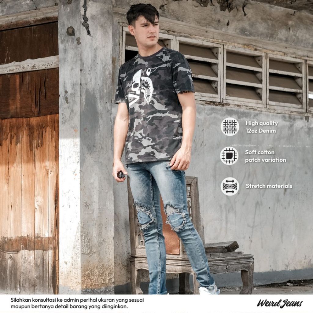 Weird Jeans - Blue Sky Ripped - Celana Jeans Panjang Pria Slimfit Ripped Jeans Stretch