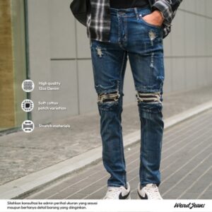 Weird Jeans - Blue Fallen - Celana Panjang Jeans Pria Sobek Tambal Strech Denim