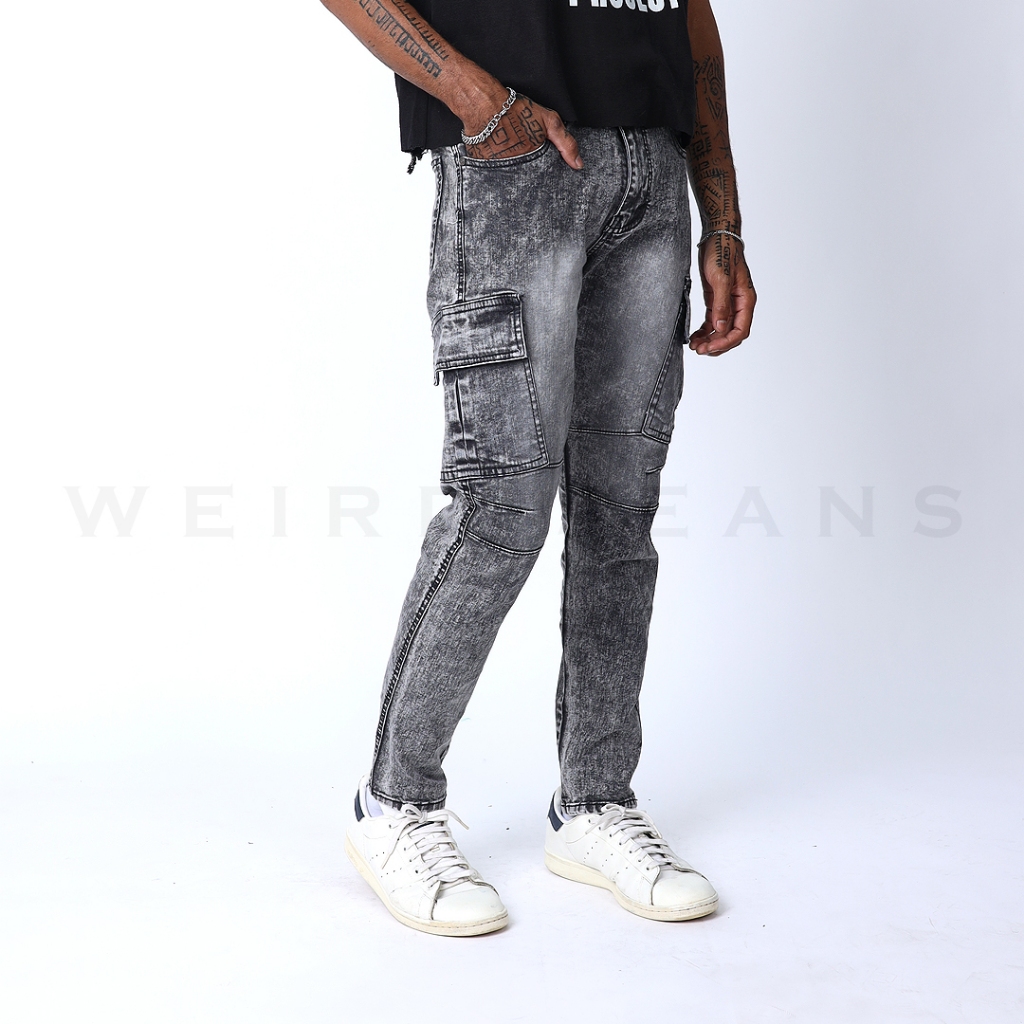Weird Jeans - Cargo Nixon Grey - Celana Jeans Cargo Panjang Pria Slim Fit Strech Warna Abu-Abu Polos - Image 7